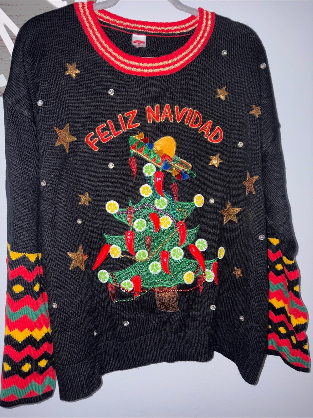 Holiday Time Black 'Feliz Navidad' Sweater with Colorful Tree Embellishments